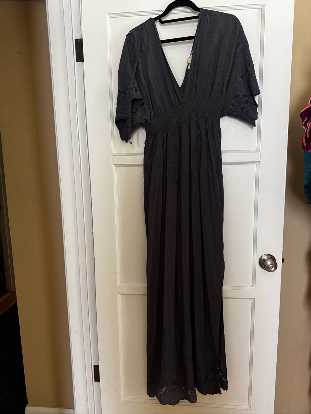 lovestitch Black V-Neck Maxi Dress with Embroidered Sleeves